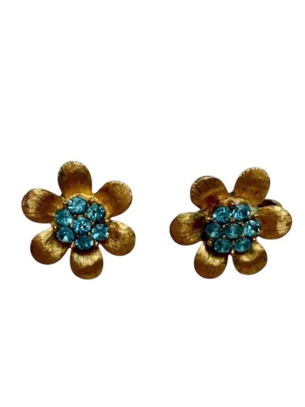 Vintage Trifari Gold Flower Earrings with Turquoise Crystals